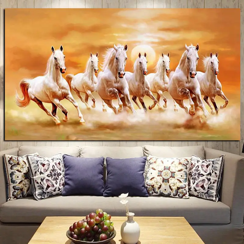 Wholesale seven running white horses animal canvas painting modern gold poster and decorative art crystal porcelain painting