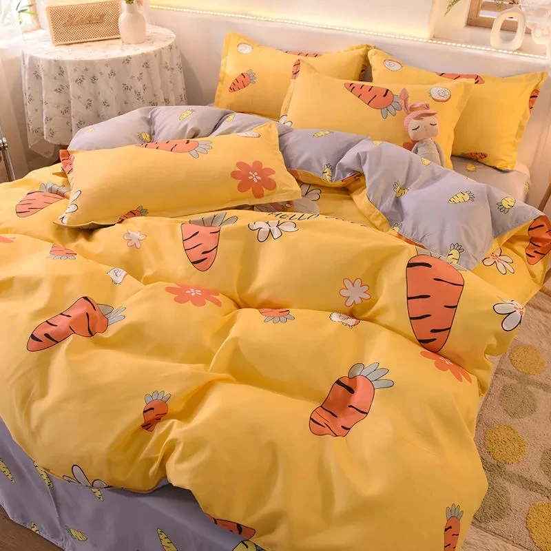Lovely Double Side Solid Color Flat Fitted Comfort Bed Sheet Pillowcase Comforter Teenage Duvet Set