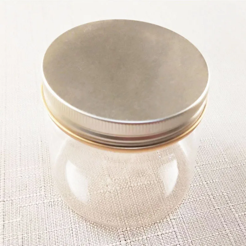 Wholesale  clear PET Plastic Jar manufactures canister with Black white plastic  aluminum Lid for skin care cream