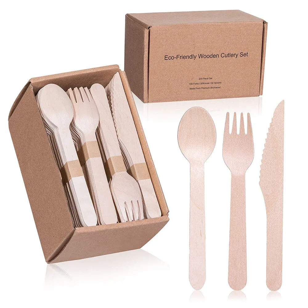 Набор одноразовых деревянных столовых приборов | 100% натуральная Экологически чистая биоразлагаемая и Компостируемая одноразовая посуда
