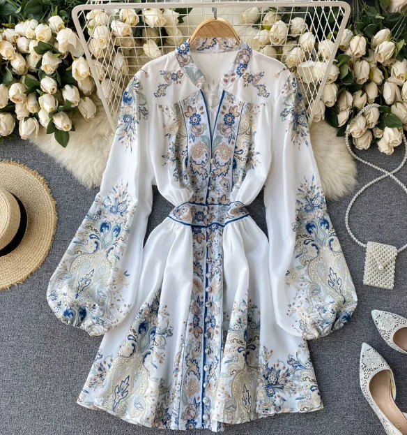 Goddess style temperament V - neck slim short style retro print lantern sleeve ancient dress women