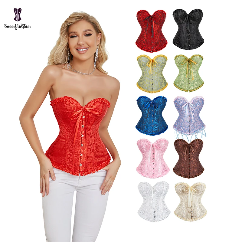 Коричневый розовый синий зеленый черный белый абрикосовый красный корсет с оборками в викторианском стиле Женский Готический боди стимпанк Корректирующее белье