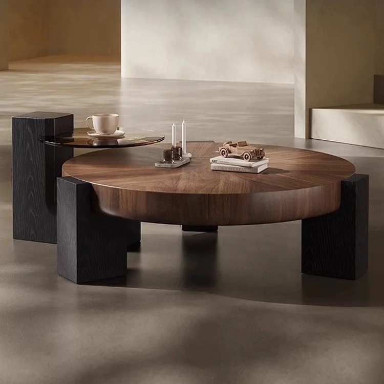 Mid-Century Modern Walnut Bark Wood Frame Metal Base Minimalist Designer Living Room Tea Table Coffee Table