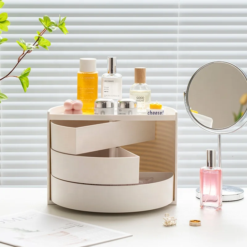 Desktop Countertop Organizer Makeup Organizer Semi Circular Dresser Jewelry Container Dustproof Rotating Cosmetics Storage Box