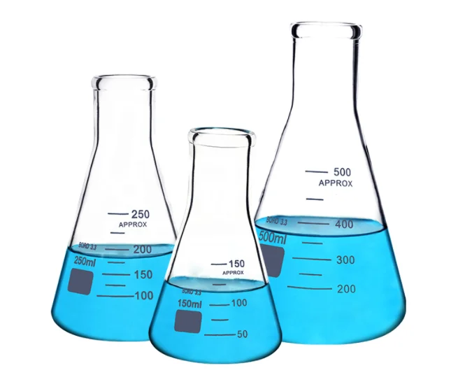 Оптовая продажа, стеклянная колба для экспериментов, прозрачная лабораторная колба erlenmeyer
