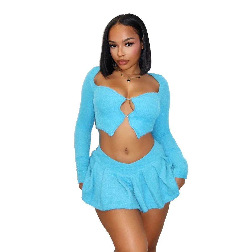 2024 new arrival spring ladies clothes long sleeve top match skirts sexy teddy summer women 2 piece mini skirt set