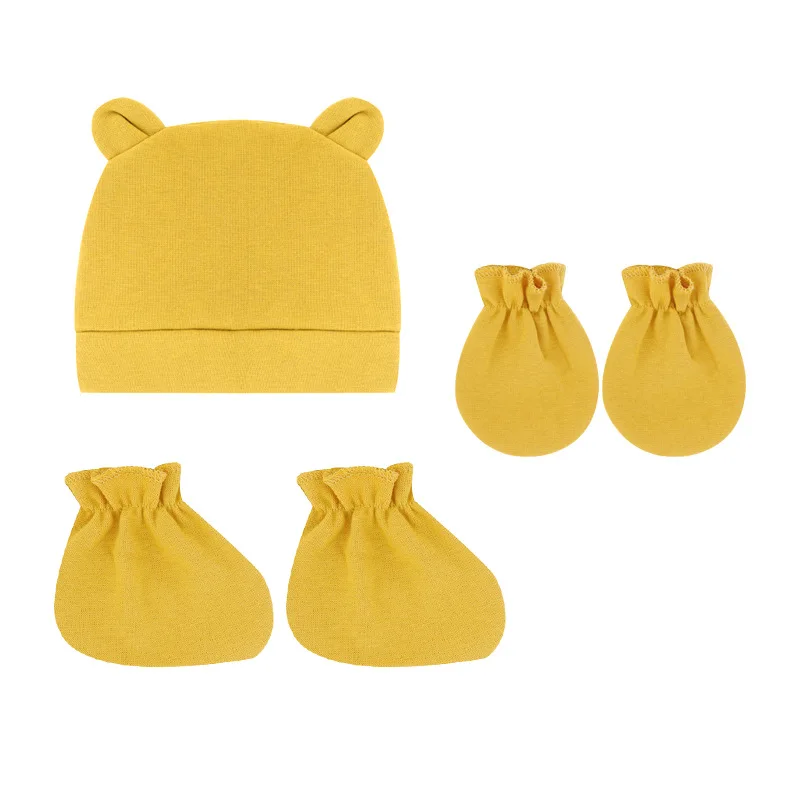 Newborn baby keep warm mitten booties set cute design plain color baby hats and mittens set
