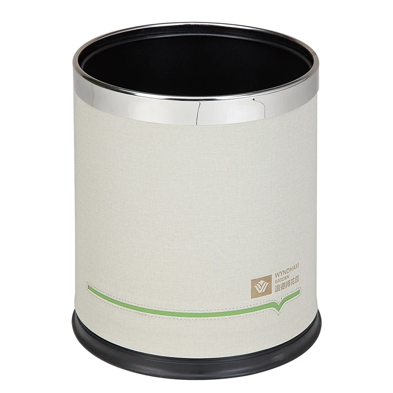 
2021 Free sample indoor beige green round leather dustbin waste basket bins with removable stainless steel inner 