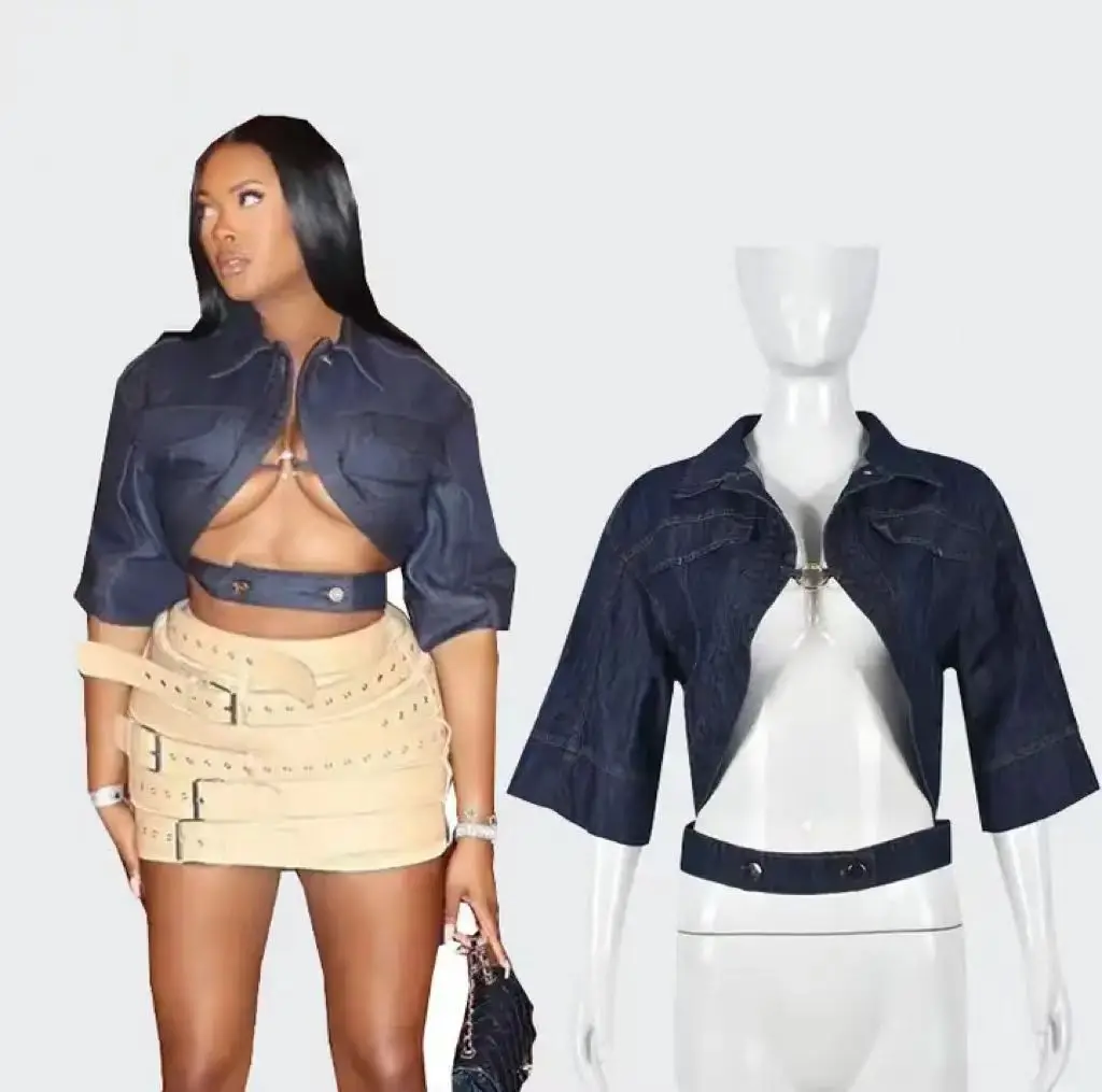 ZHEZHE Fall Fashion 2024 Sexy Crop Denim Jacket Half Sleeve Sleeve Cardigan Jacket Turndown Collar Short Denim Coat