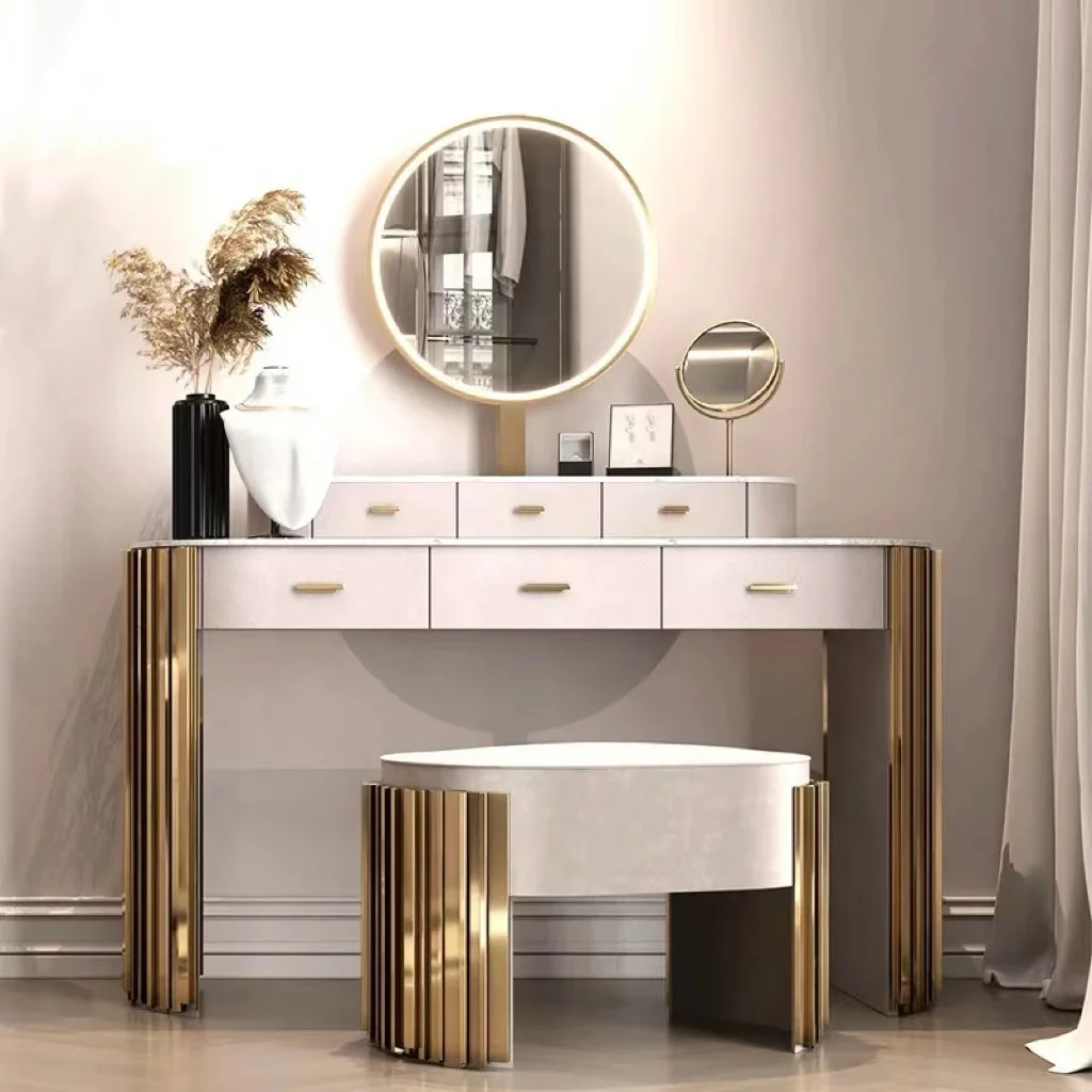 Italian design empire dressing table luxury metal frame marble top dresser with mirror and makeup chair vanity table bedroom set