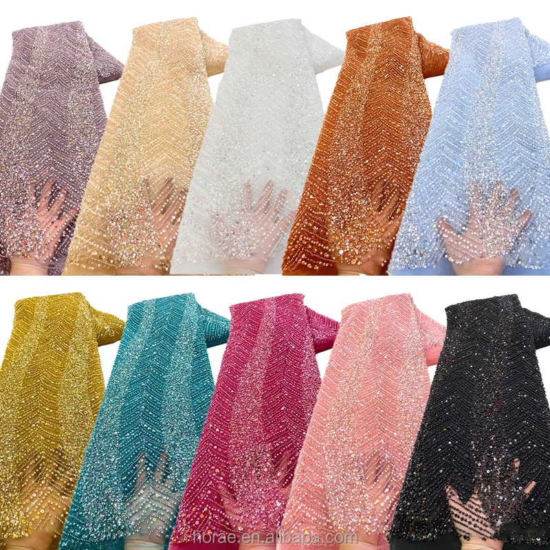 SF011 Luxury African Heavy Beaded Lace Bridal Fabrics Solid Color 3D Sequin Pearl Mesh Fabric for Wedding Dress