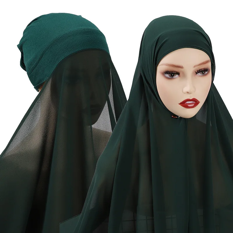 2021 new underscarf custom plain instant chiffon hijab with inner jersey bonnet caps headscarf shawl scarf