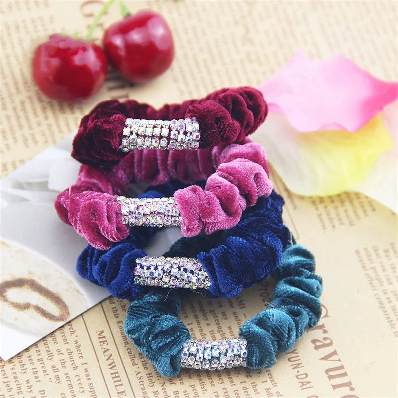 Custom Shiny Rhinestone Velvet Elastic Hair Rope Scrunchie Stretch Hair Tie For women Girl Hair Accessories Ponytail Holder