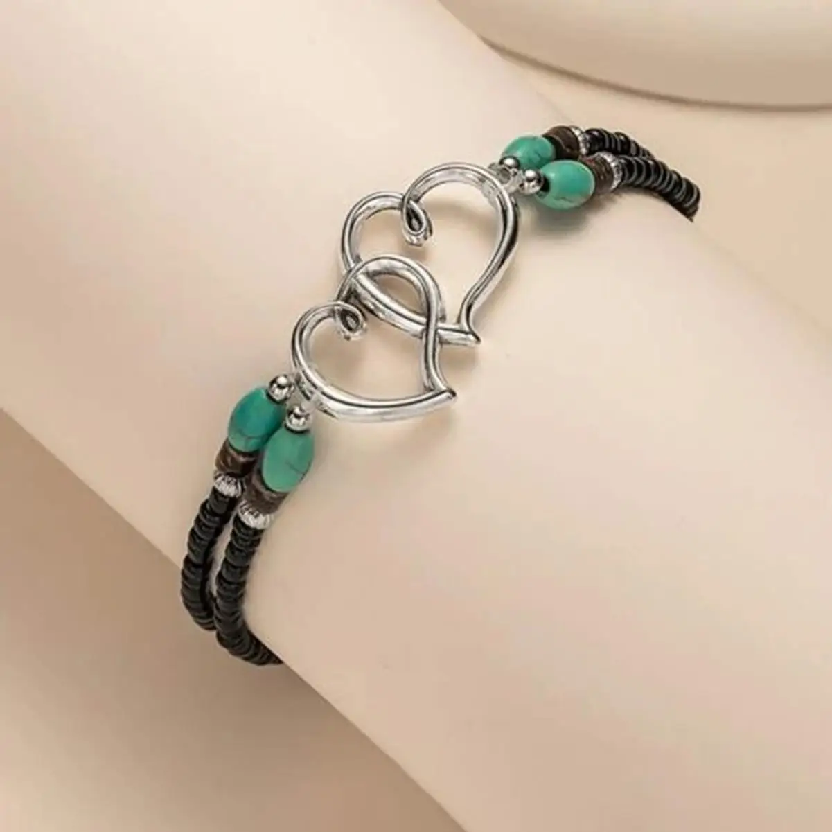 Factory Direct Sales Beach Wind Foot Fashion Pop Stack love Rice Bead Anklet Heart to Heart Turquoise 2 Heart Beaded Anklet