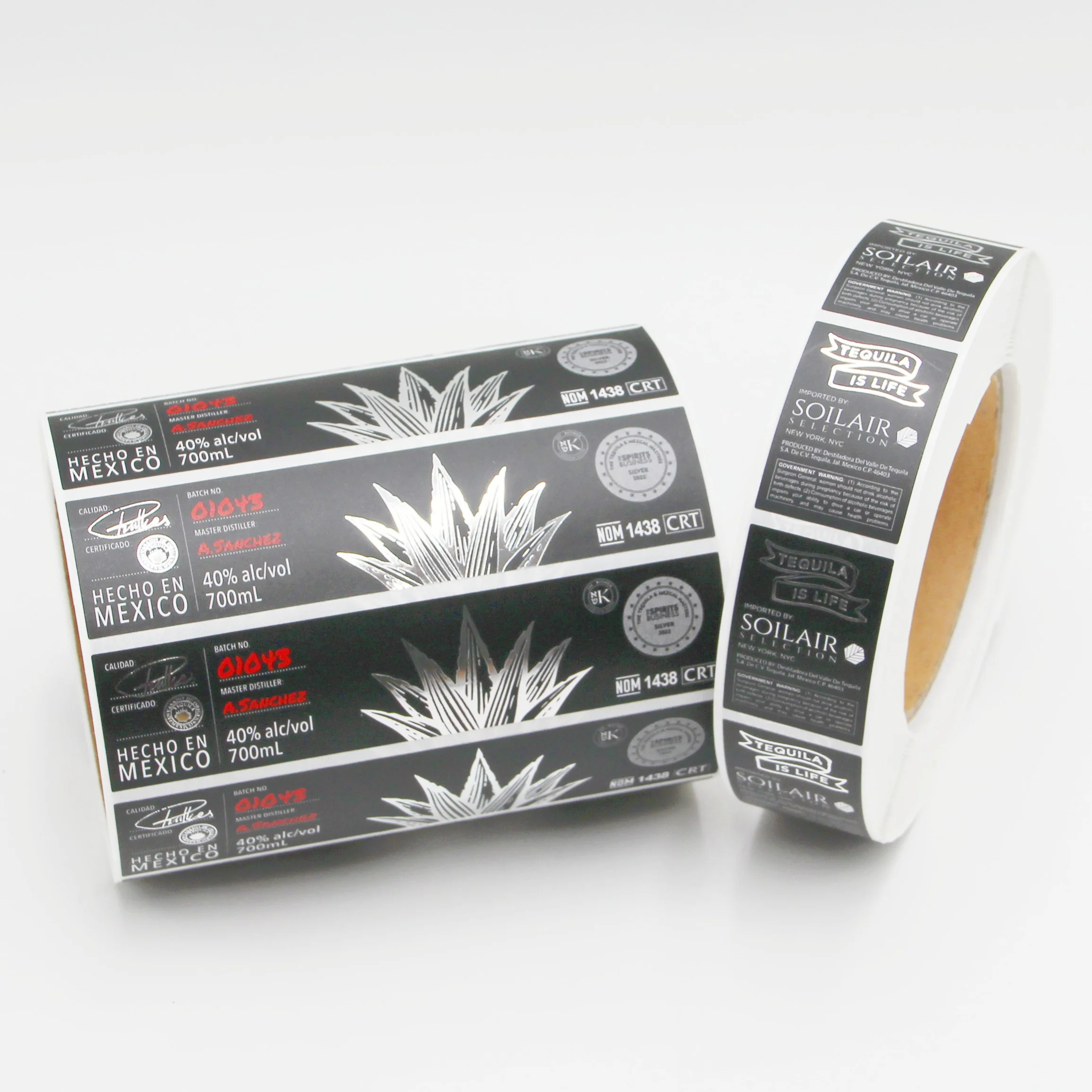 Waterproof Packaging Label for Whisky Bottle Vodka Wine Stickers in Roll Customize Logo Label Stickers Silver Foil Stamping