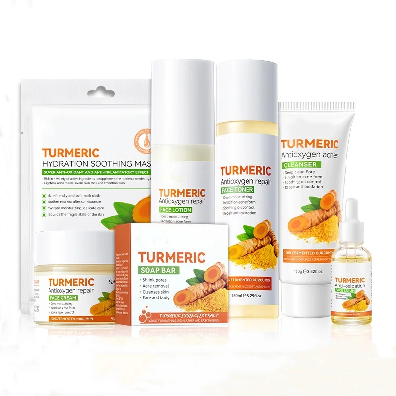 Private Label Skin Care Set  Herbal Whitening Soap Serum Scrub Cream Deep Nourished Lightening Turmeric Kit