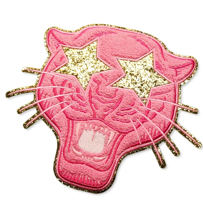 Custom Pink Glitter Iron On Patch Designer Patch Sew On Chenille Embroidery Tiger Patches For Clothing