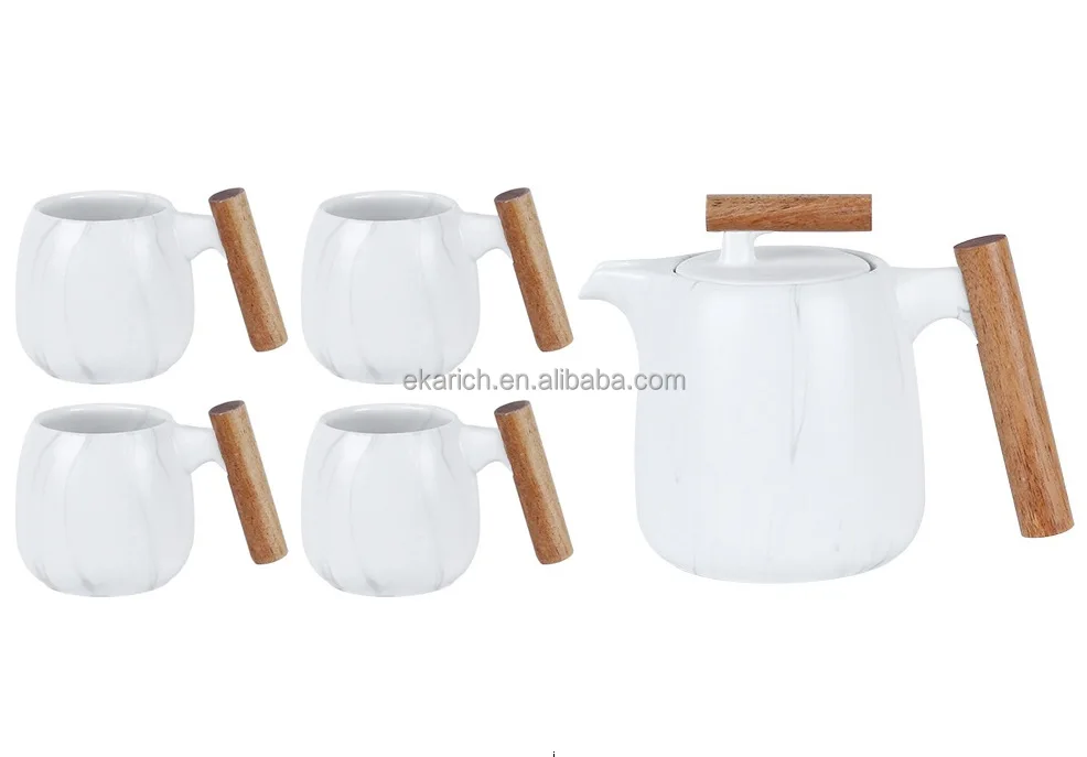 Роскошный скандинавский мраморный чайник с деревянной ручкой, оптовая продажа, чайный набор, керамические чашки с деревянной ручкой, винтажная Подарочная коробка, деревянный чайный набор