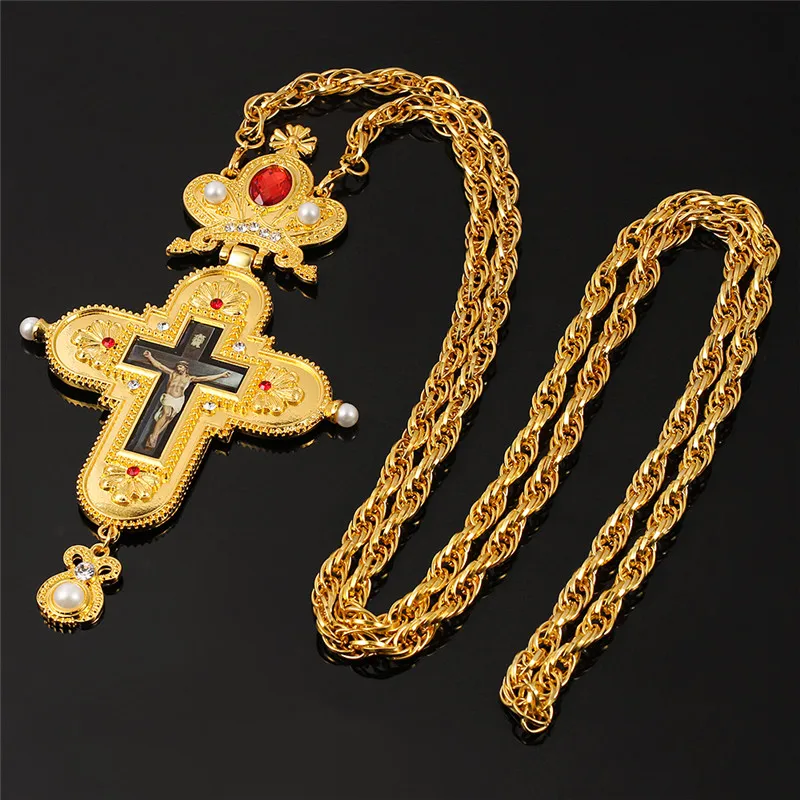 Fast Shipping Gold Plated Alloy Chain Customized ODM Large Pectoral Cross Orthodox Greek Religious Necklace with Box
