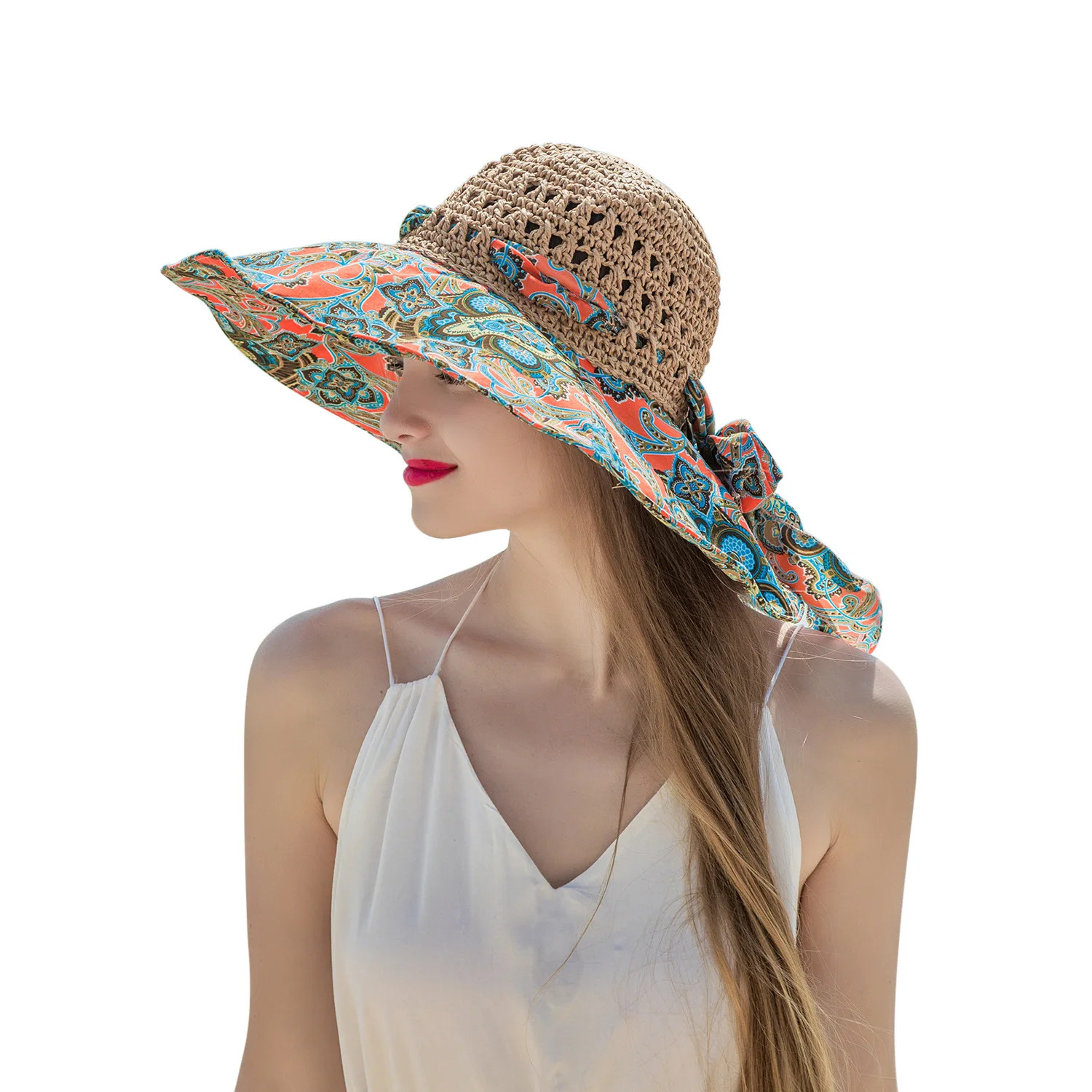 New Summer Sun Beach Straw Hat with Bow Women Breathable Fisherman Hats Wide Brim Panama Hat