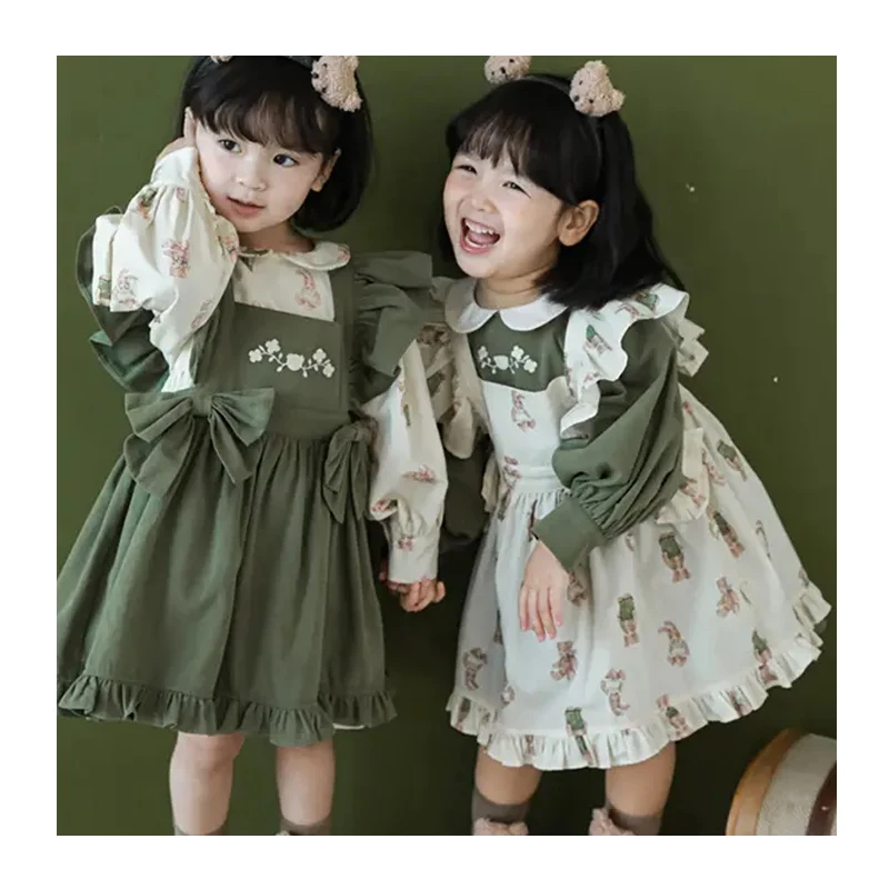 Spring Autumn Toddler Kids 100% Cotton Long Sleeve Dress For Girls Puffy Two Piece Fall Baby Girls Dresses Set With Bows