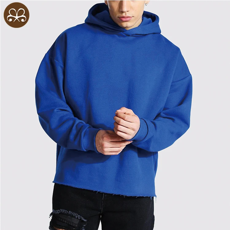Plain 100 Cotton French Terry Pullover Drawstring Cut Edge Custom Raw Hem Oversized Hoodie for Men