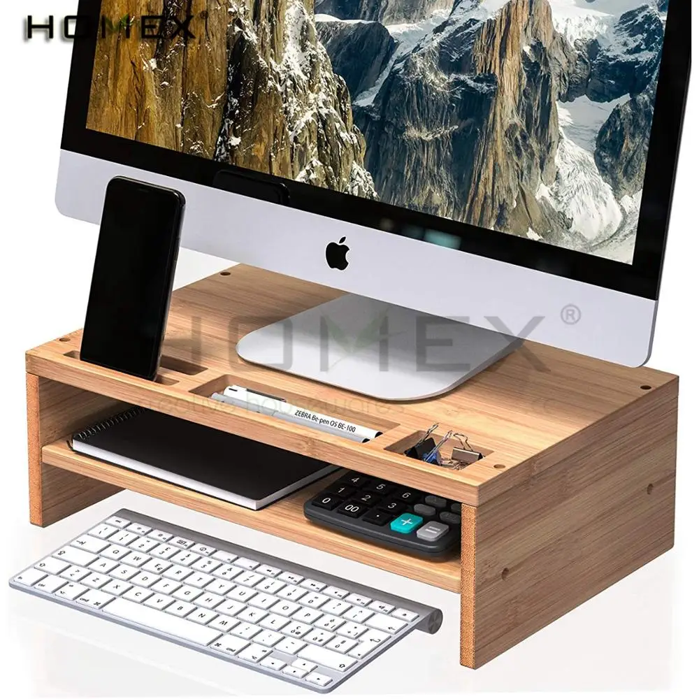 
Bamboo Desk Monitor Riser Stand with Storage Organizer 2 Shelves for Computer/Homex_BSCI Factory 