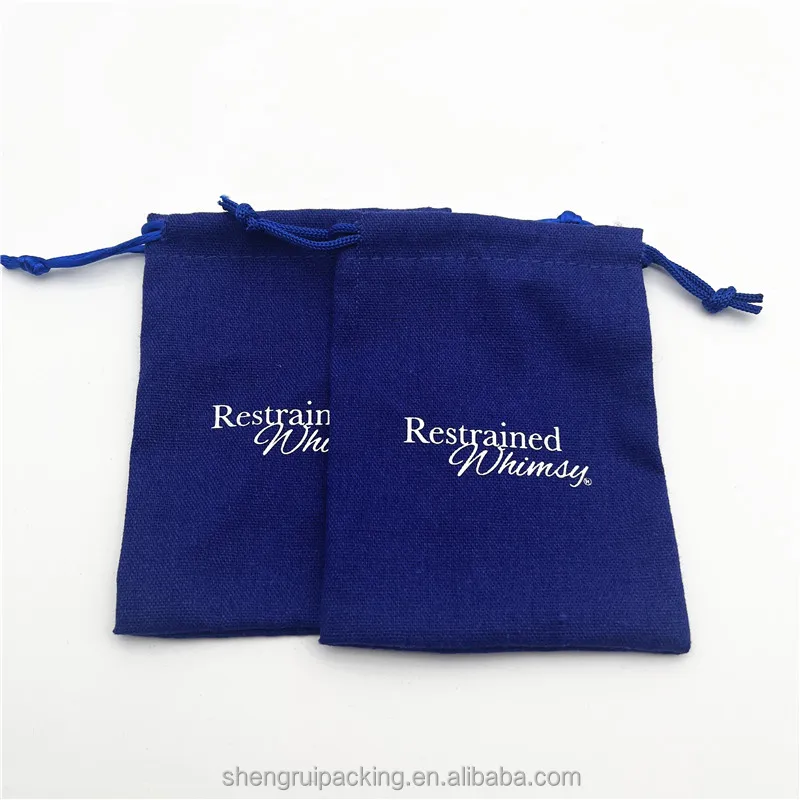 Silver Stamped Logo Soft Blue Cotton Linen Fashion Jewelry Pouch Reusable Linen Gift Packaging Bag For Metal Crafts