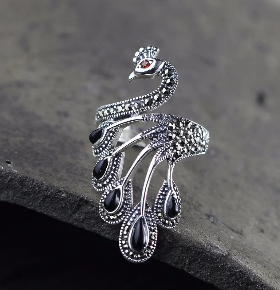 Custom 925 sterling silver colorful gemstone peacock princess design fashion bridal jewelry marcasite ring for women