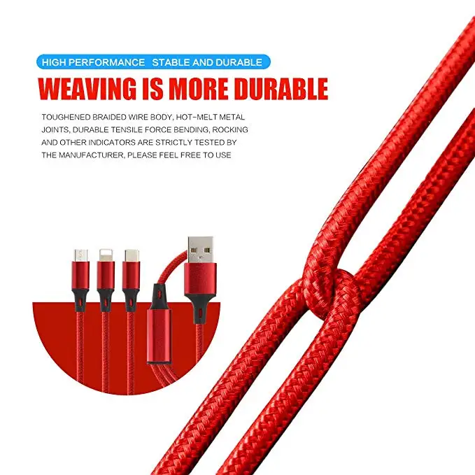 
Multi 3 in 1 fast charge cable Nylon Braided type c cable fast charging Multiple 1.2M usb phone charger cables 