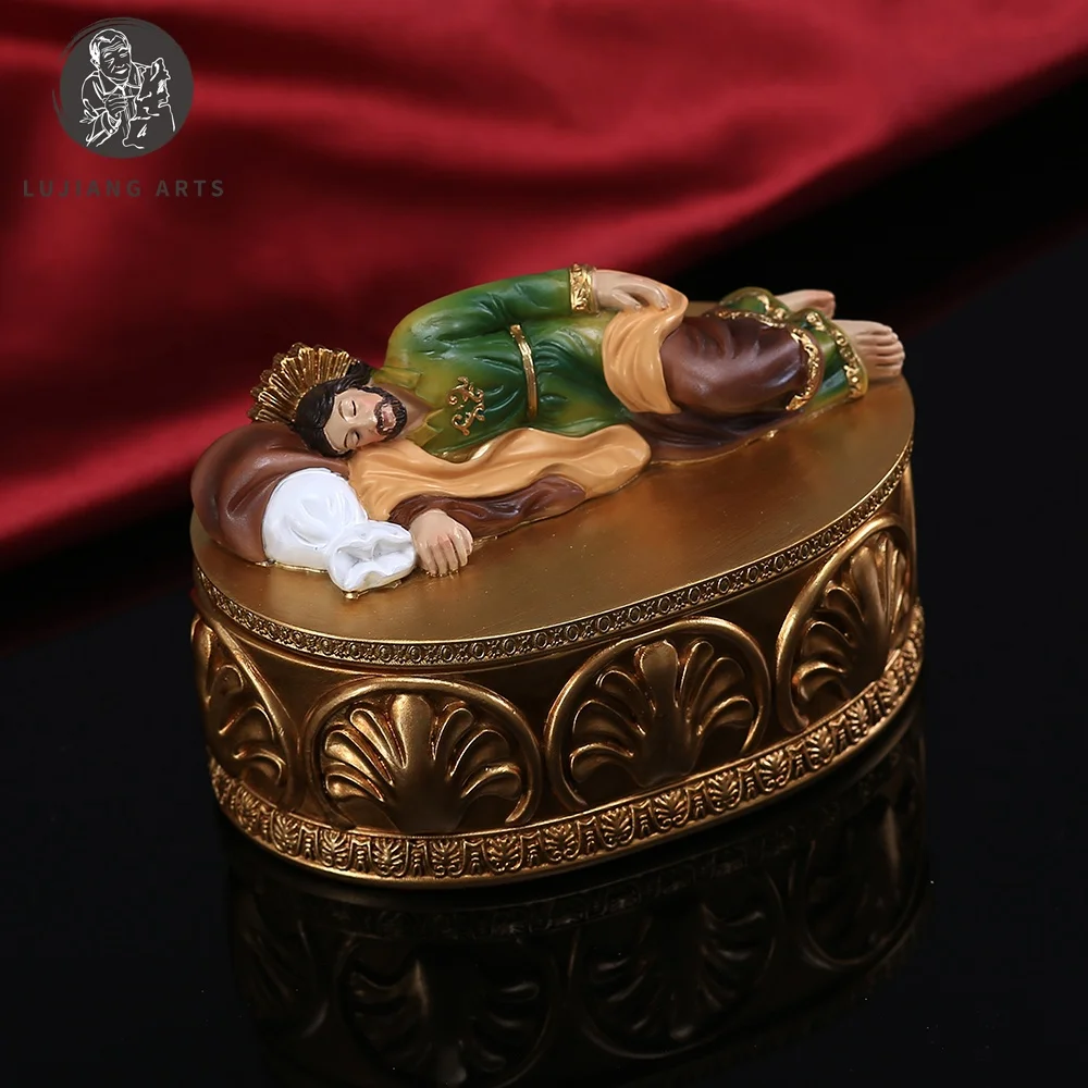 Sleeping St. Joseph Statue Golden Rosary Box St. Joseph Trinket Desktop Decorative Boxes Resin Catholic Gifts Memorial Boxes