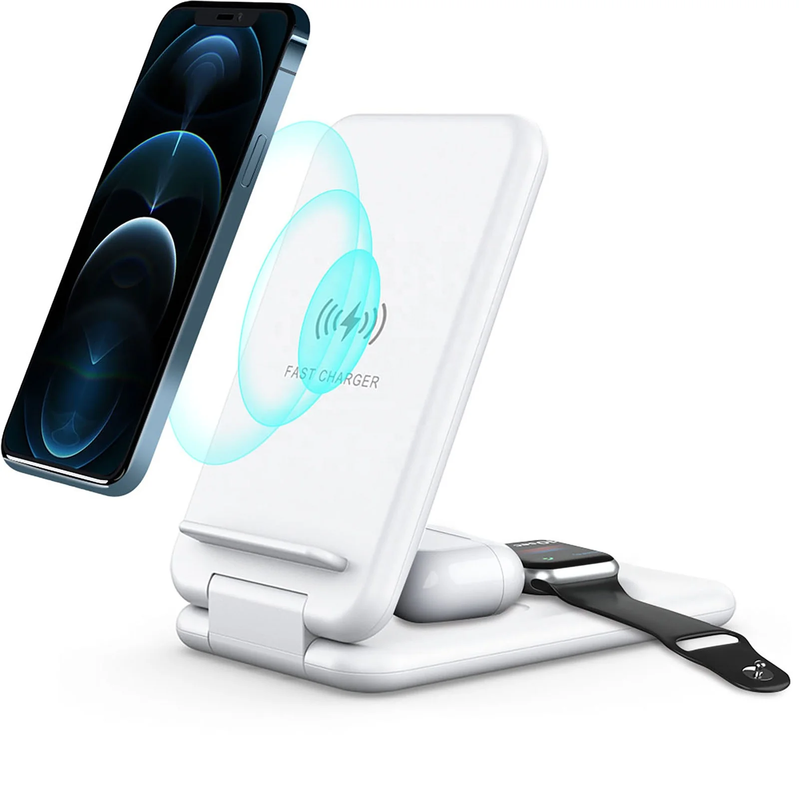 
New Model 2021 Universal Foldable 15W 10W Fast Charge White Qi 3in1 Phone Wireless Charger Stand 3 in 1 Charging Dock Station 