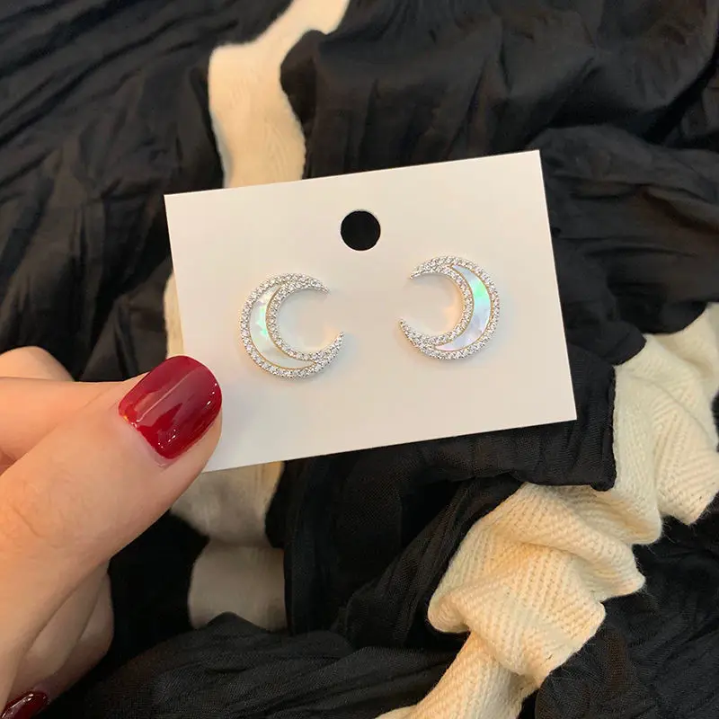 
Hot Selling INS 925 Sterling Silver Moon Stud Earrings Zircon Korean Silver Stud Earring For Women Personality 