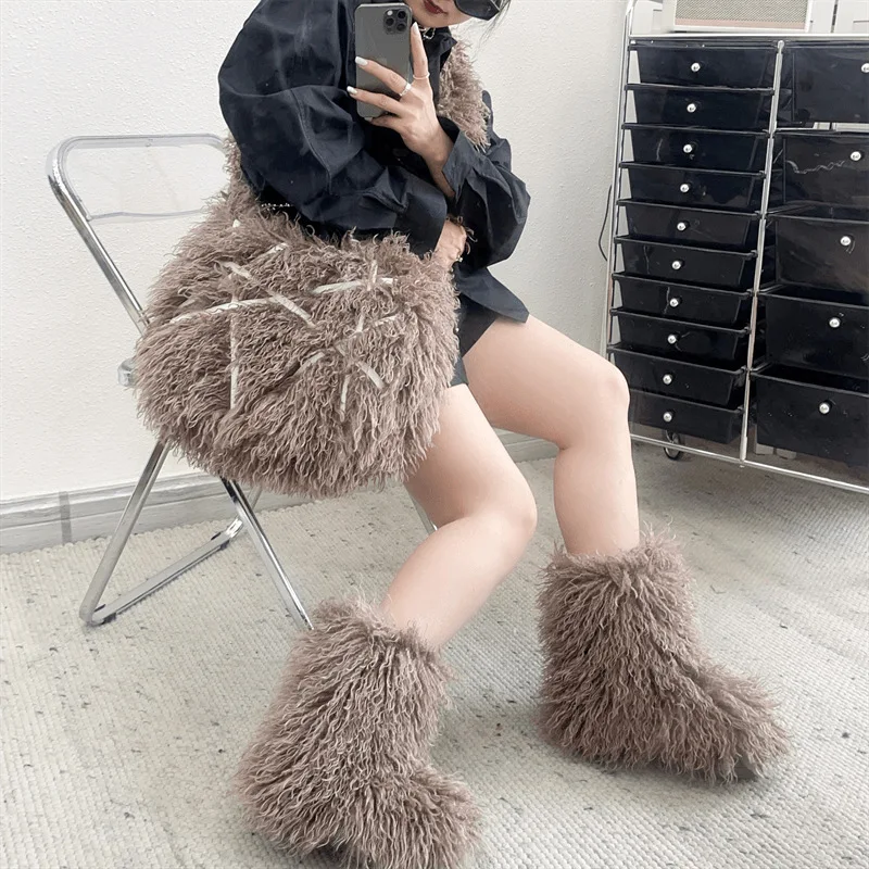 Hot Sales winter knee high boots and bags set fashion mongolian fur boots matching shoes and faux fur bags set for women
