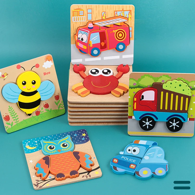 custom Kids Wooden 3D Puzzle Jigsaw Toys For Children Cartoon Animal Vehicle Wood toddler Puzzles