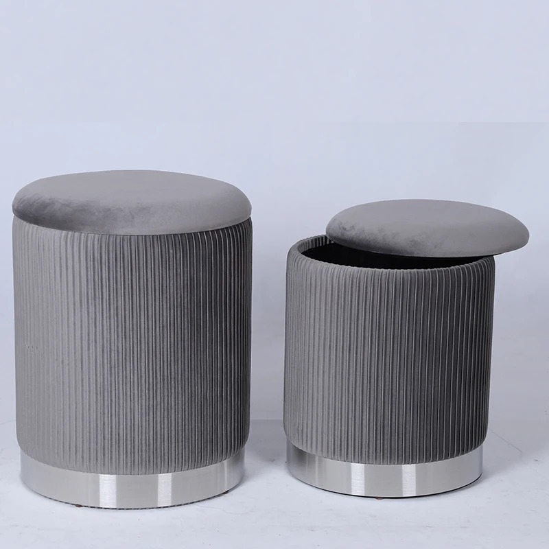 Custom living room furniture fabric stool round pouf modern ottoman storage with gold steel base removable cover stool