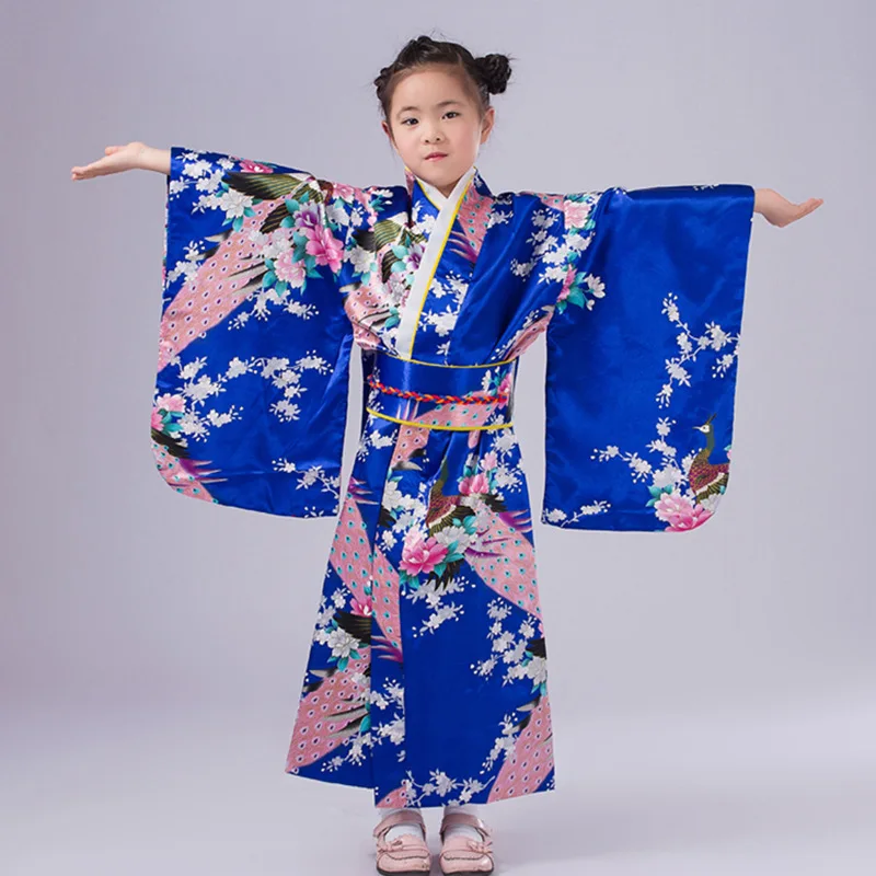 Traditional Yukata Floral Printed Children Stage Performance Costume Japanese Girl Kimono Dresses