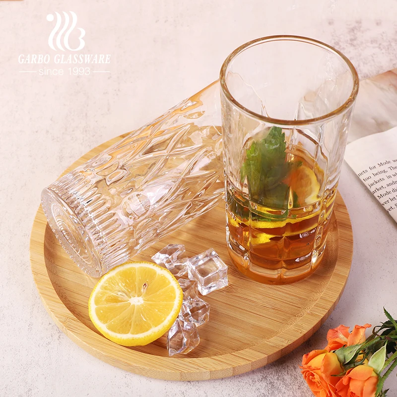 Available Langxu Brand glassware factory in stock whisky glass cups 10oz 11oz 300ml transparent embossed short drink glass