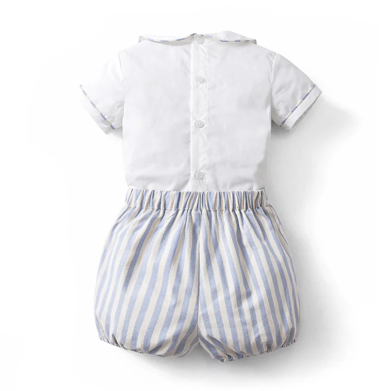 Baby Boy Spanish Kids Clothes Set Children Hand Made Summer White Embroidery Shirt Peter Pan Collar Smocked Clothing Suit