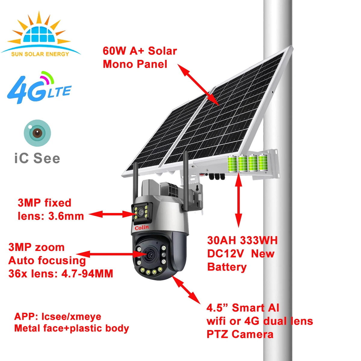 Colin Factory 60W 30AH 333WH OEM Support iP66 Waterproof Human Motion Detection dual lens Night Vision 36x zoom ptz camera