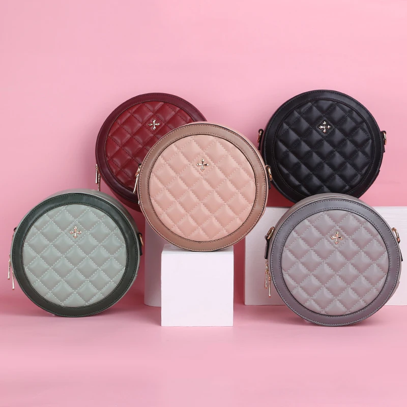 New Women Round Crossbody Bags Large Capacity Pu Leather Zipper Plaid Diamonds Handbags Ladies Outdoor Shoulder Bags