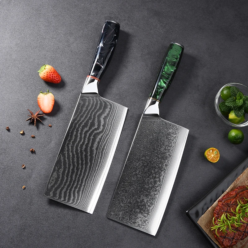 New Design Damascus Knife 67 Layer Damascus Steel Kitchen Knives 7 inch Cleaver Knife with Turquoise Resin Pakkawood