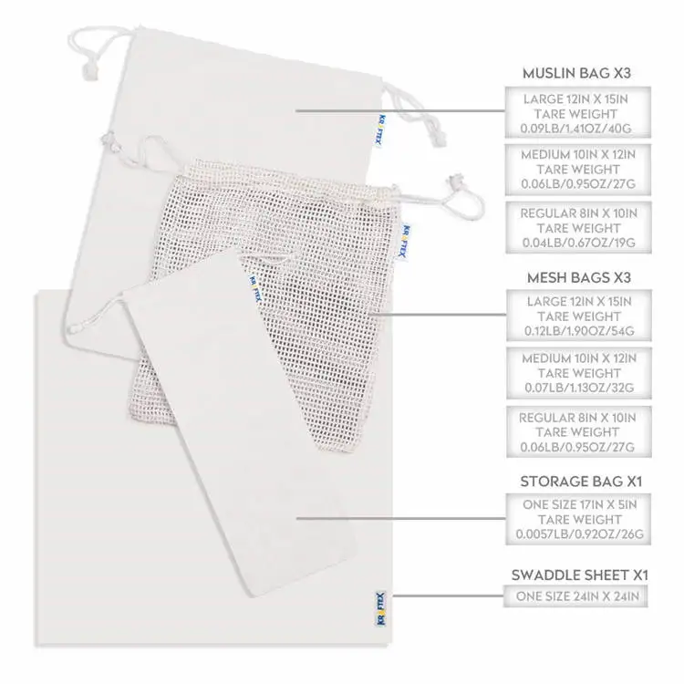 Reusable Produce Bags GOTS Certified Organic Cotton Muslin Net Mesh and Eco-Friendly Canvas Tote Bag