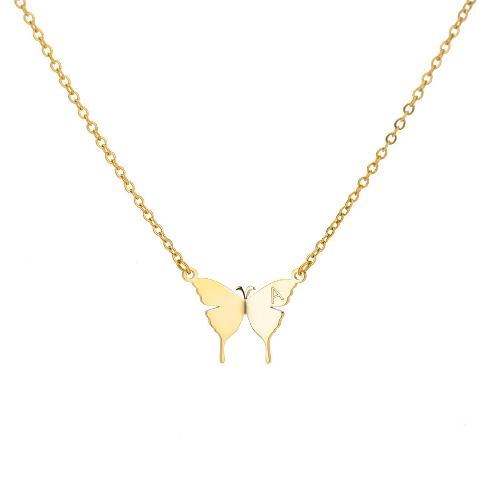 Creative New Stainless Steel Butterfly Pendant Necklace Trendy Butterfly 26 Letter Steel Seal Collar Necklace