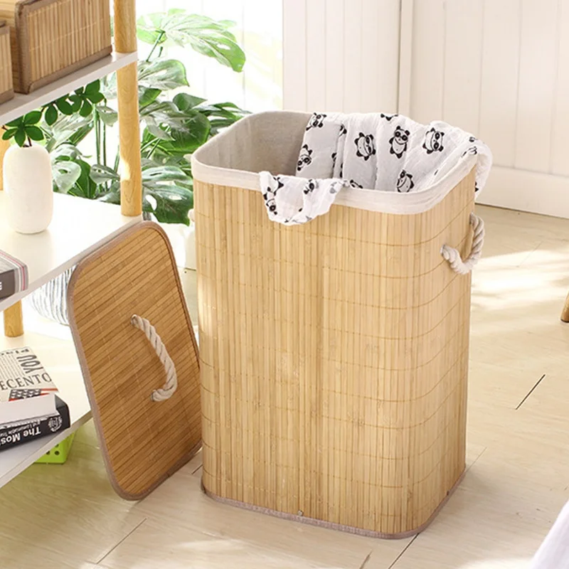 New Minimalist Handmade Woven Bamboo Storage Bucket woven foldable Dirty Clothes laundry Storage Basket with lid For Home Hotel