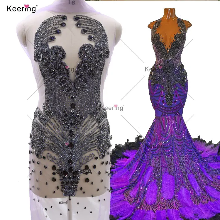 HOT WDP-245 Keering Luxury Ladies Party Dresses Elegant Sew On Gold Rhinestone Bodice Applique For Women Dresses