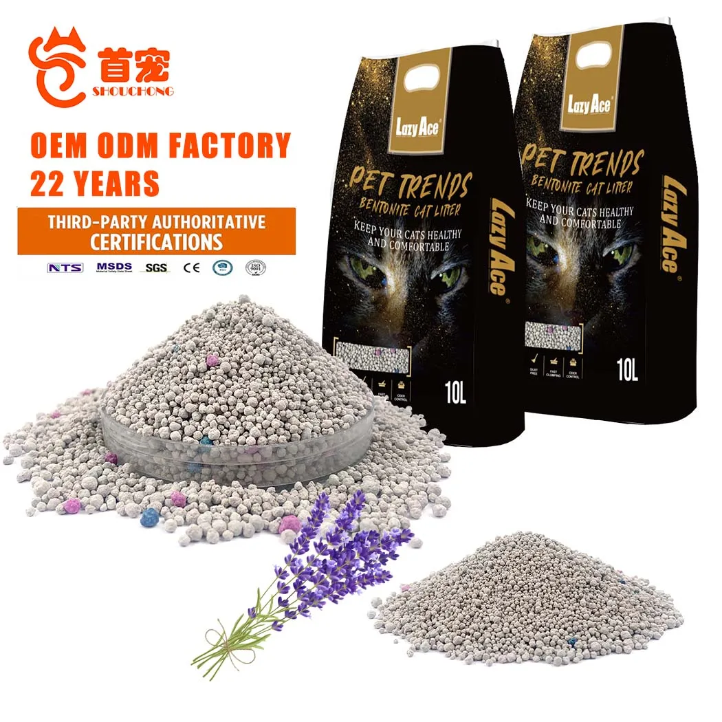 Factory OEM/ODM Hard Clumping Bentonite Cat Litter Wholesale 1.0-3.5mm Ball Shape Lavender Scent