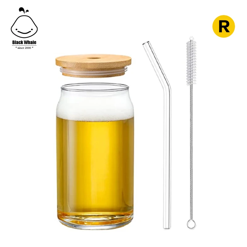 12oz/16oz cola Can beer glasses with bamboo lid and glass straw iced coffee and soda Bubble Boba Tea Cup Wine Glasses