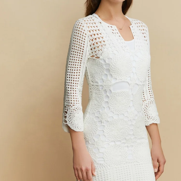 2022 factory custom temperament casual ladies dress white midi women crochet dress