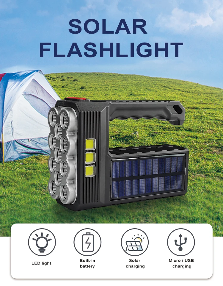 Solar/Rechargeable Multi Function 800 Lumens LED Flashlight with Emergency Strobe Light 1200 Mah Battery USB Charging Cable